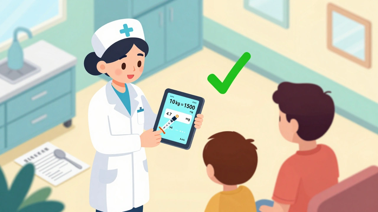 Nurse using digital tablet to calculate correct pediatric dose with green checkmark, parent watching