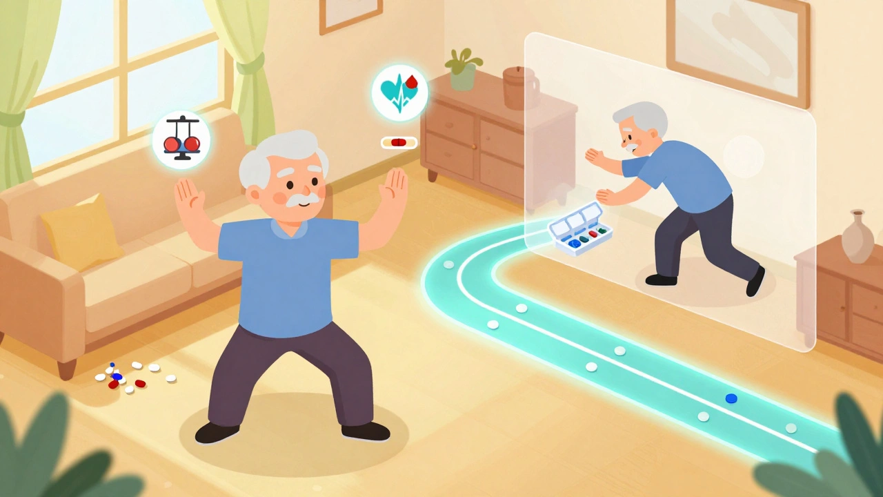 Older adult doing Tai Chi with icons showing improved balance and reduced medication use in home setting.