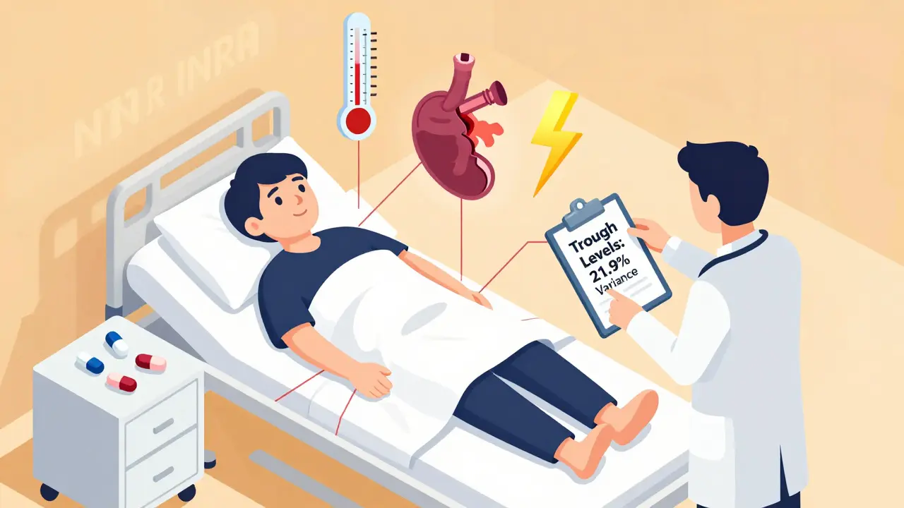 Patient in bed surrounded by floating medical warning symbols linked to pill variants.