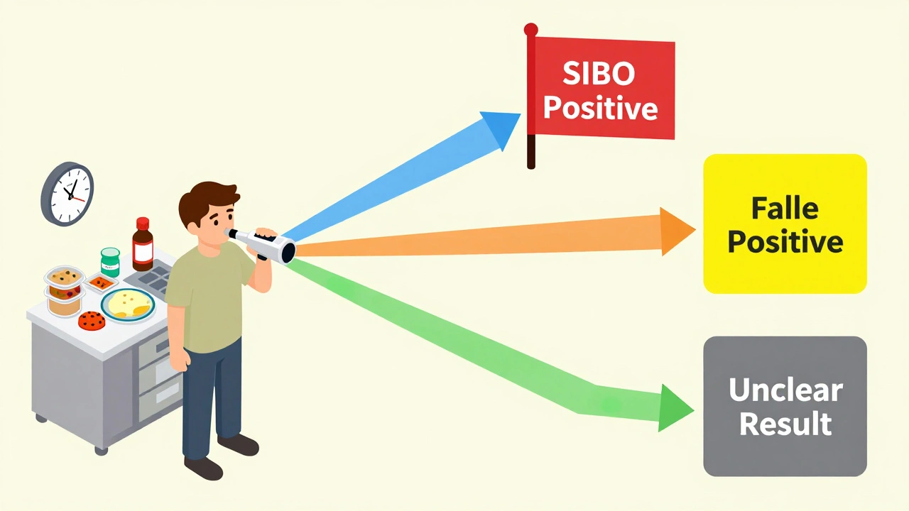 Patient taking a SIBO breath test with colored gas trails indicating different diagnostic results.
