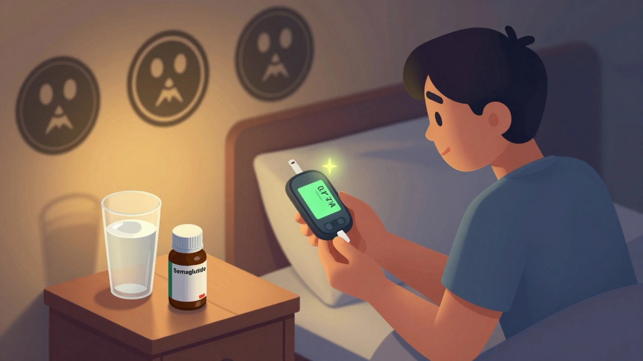 Person checking blood sugar at night with safe GLP-1 RA pill glowing, while risky meds fade away.