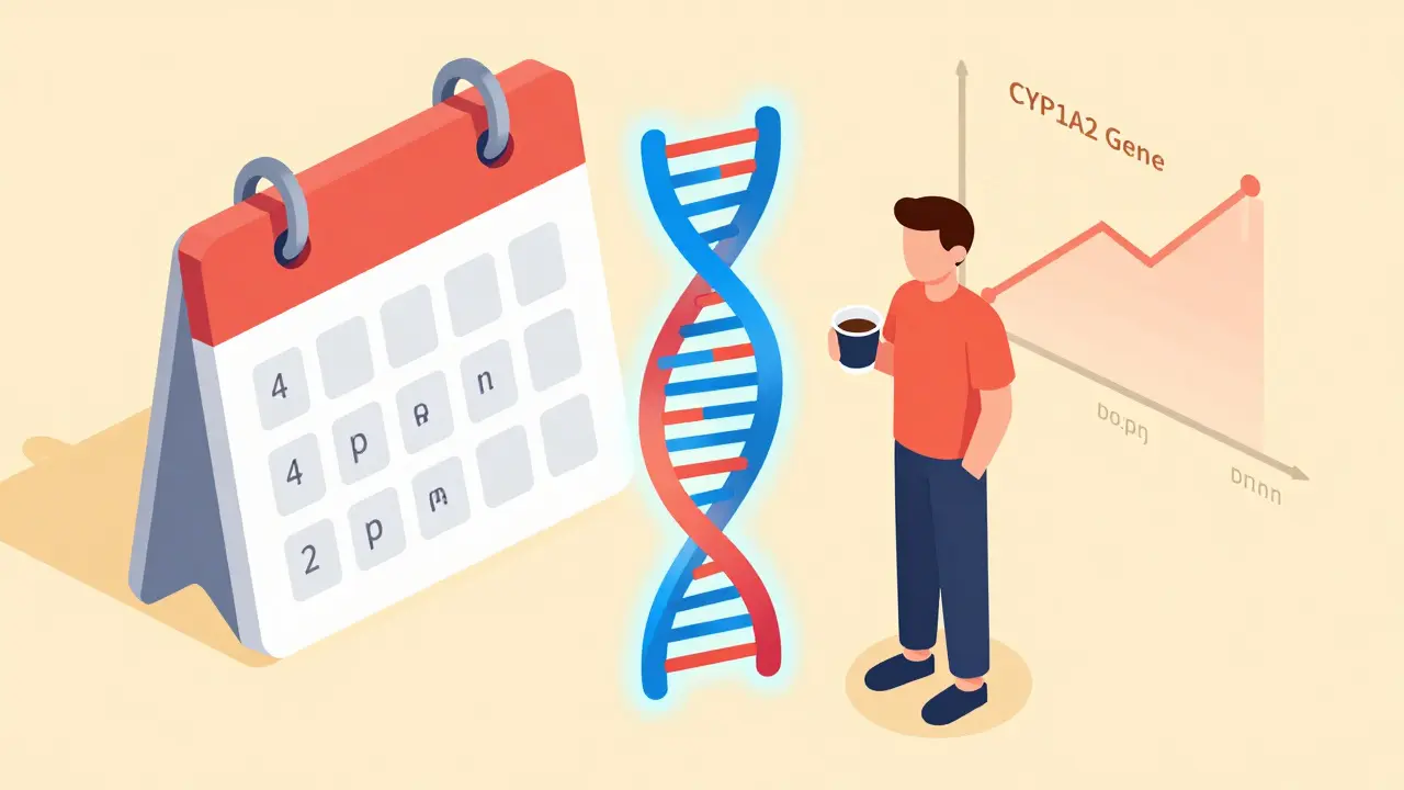 Person holding decaf coffee next to glowing DNA helix showing fast vs. slow caffeine metabolism.