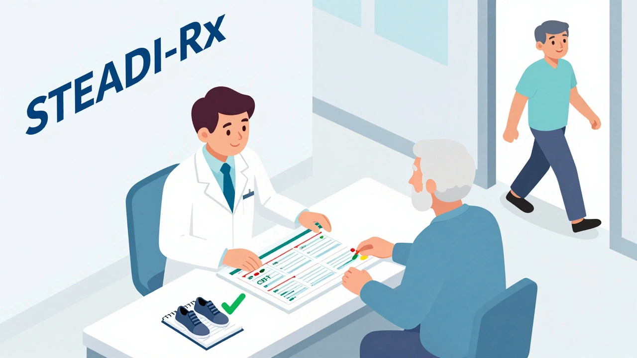 Pharmacist and senior reviewing medications at a pharmacy, with safer alternatives highlighted in isometric style.
