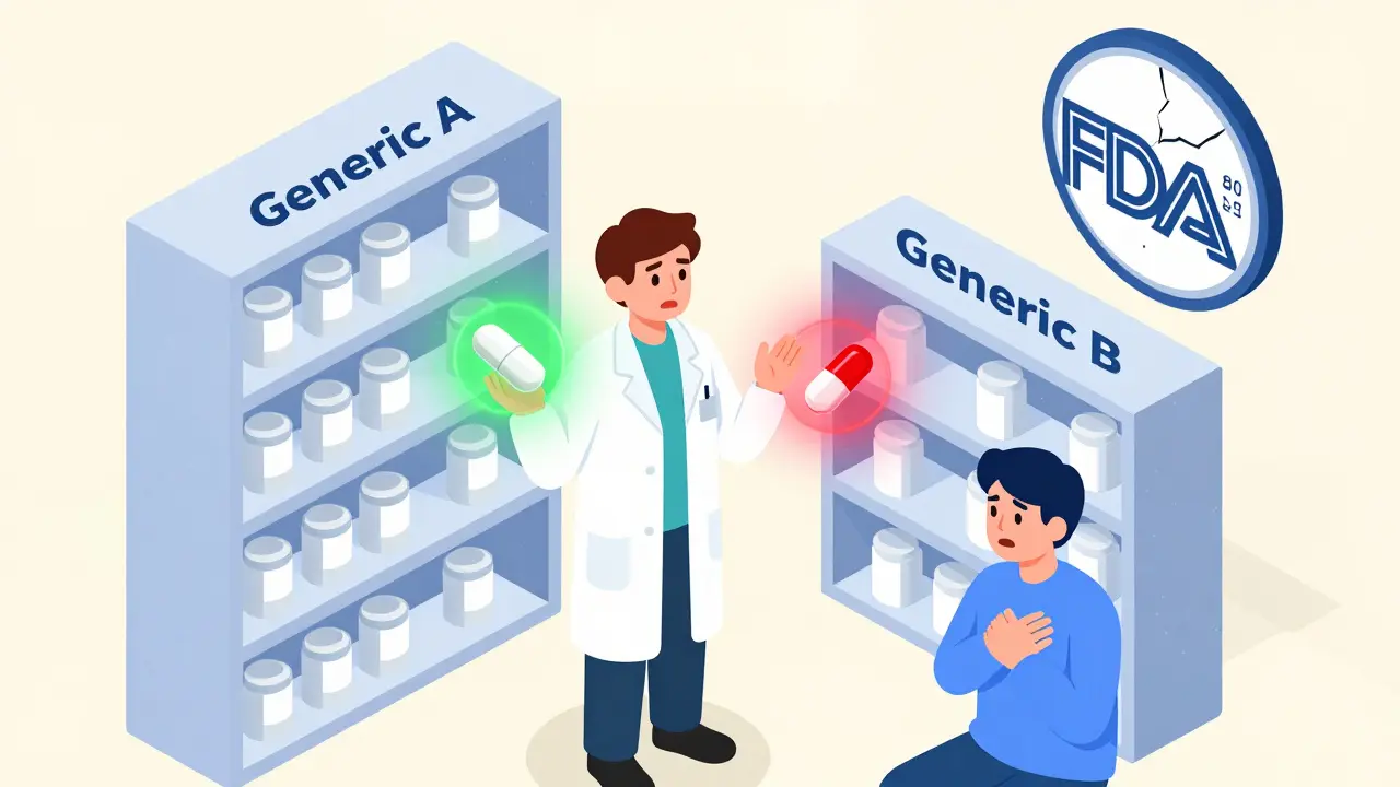 Pharmacist between two generic pill shelves with glowing safe and dangerous pills.