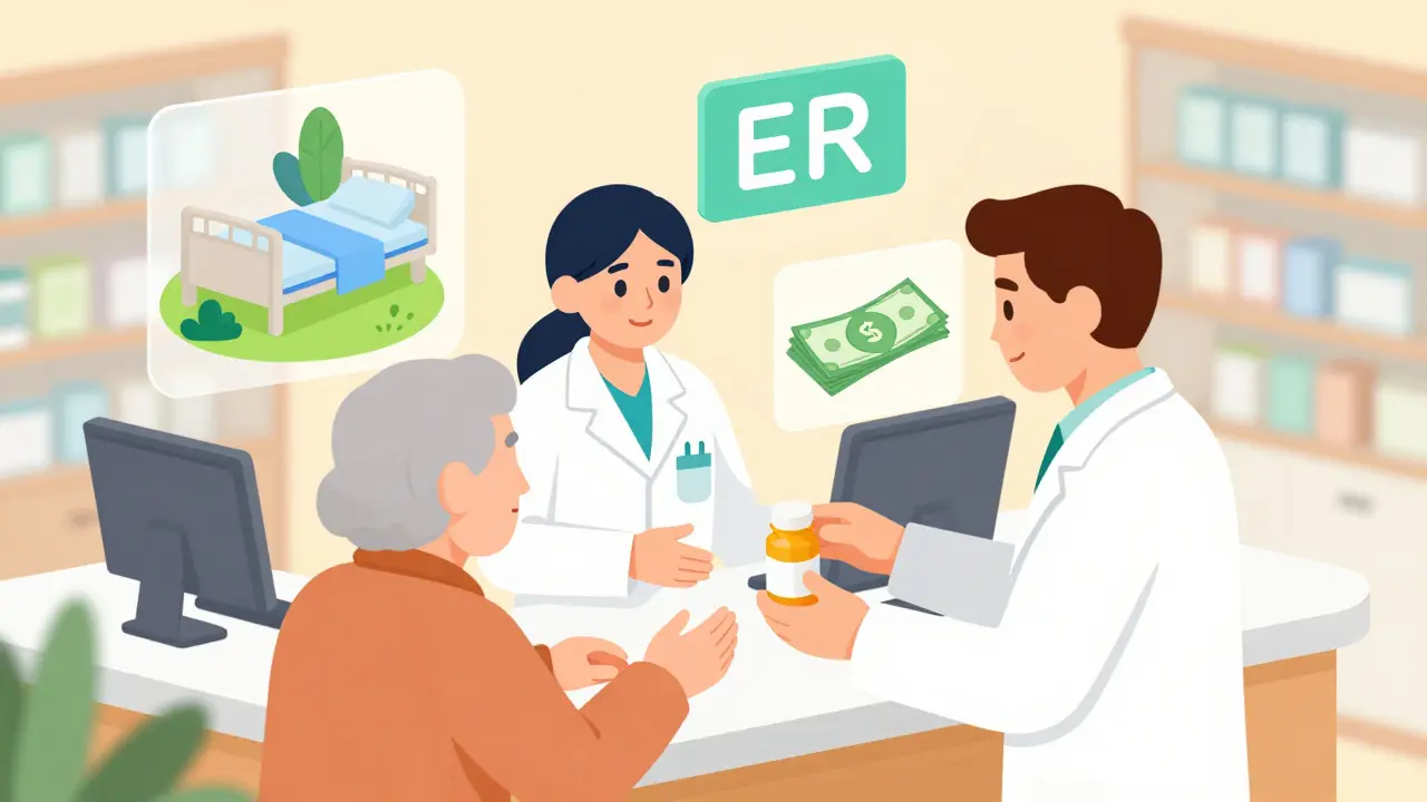 Pharmacist giving a generic pill bottle to an elderly patient, with wellness icons in the background.