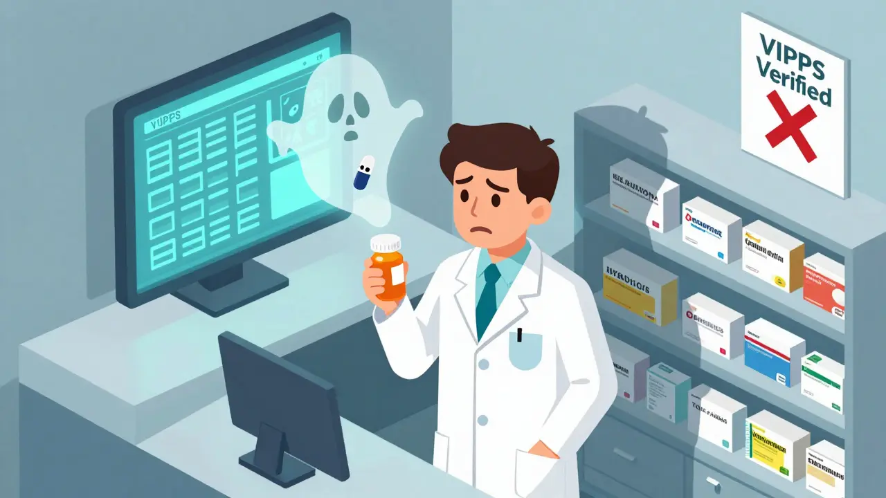 Pharmacist holding a pill bottle as a ghostly fake pill hovers above, surrounded by verified and counterfeit drug boxes.