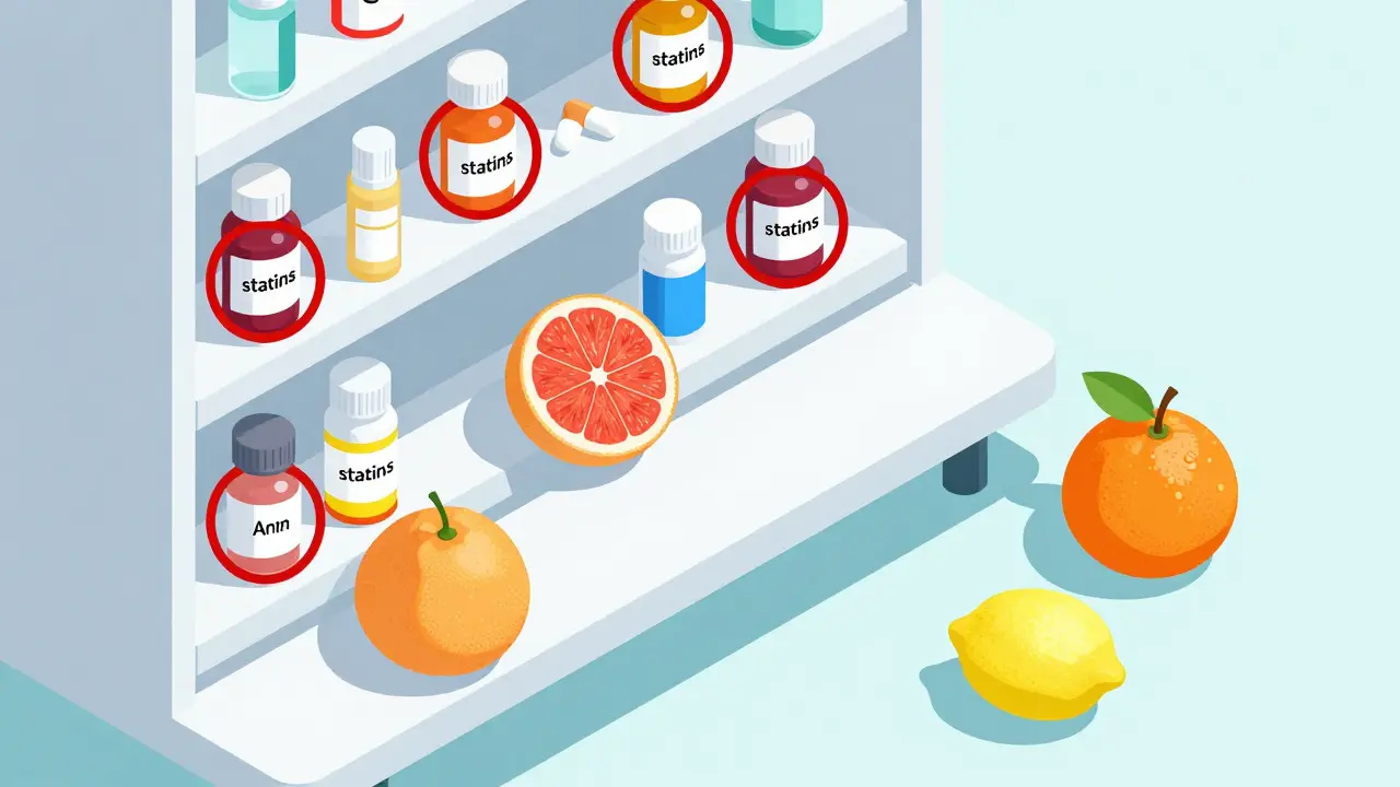 Pharmacy shelf with dangerous citrus fruits next to high-risk medications, while safe citrus fruits are kept apart in a medical setting.