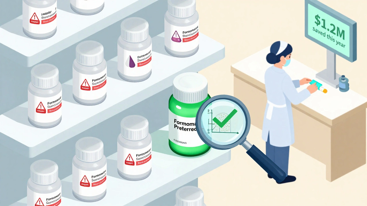 Pharmacy shelf with generic drugs, one highlighted as preferred, others marked with supply and absorption warnings.