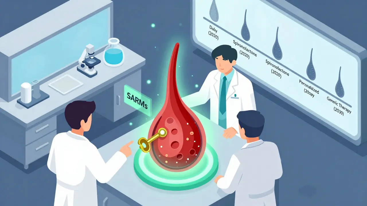 Scientists studying a glowing hair follicle model with SARMs molecule blocking androgen receptors in a lab.