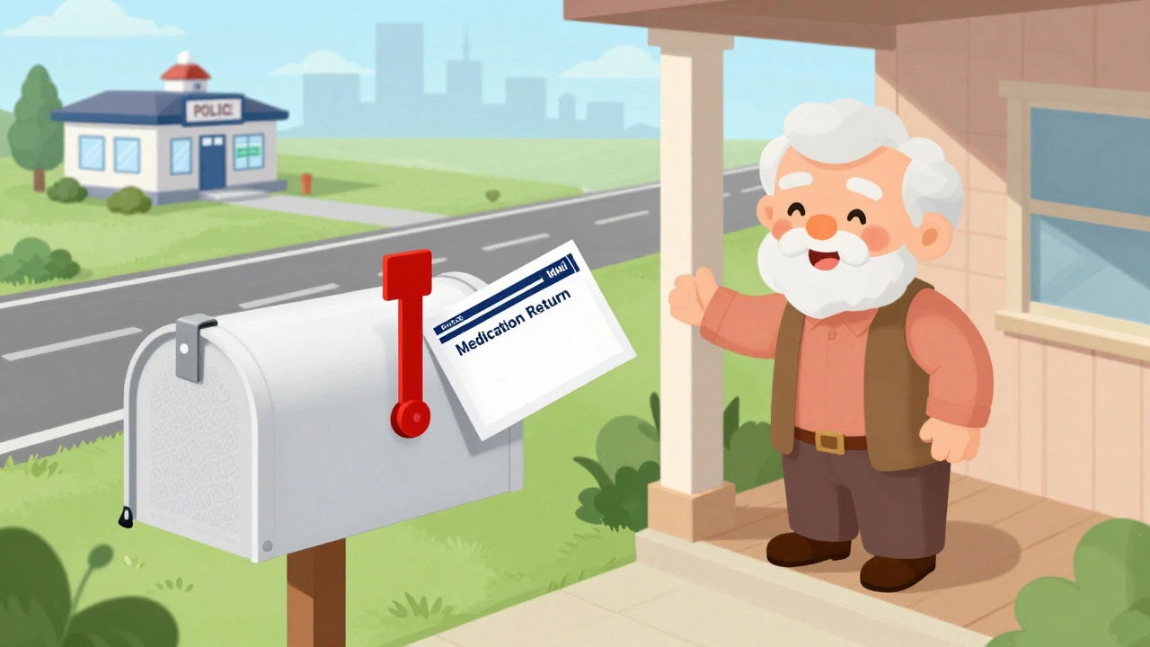 Senior citizen mailing back unused pills in a prepaid envelope from their rural home.