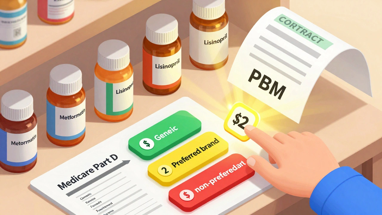 Shelf of generic drugs with glowing  price tags under a Medicare formulary tier chart.