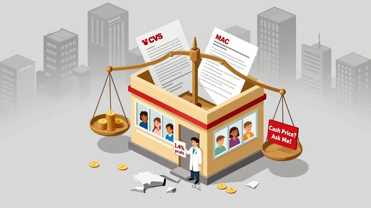 Small pharmacy struggling under PBM contracts and low profit margins while patient asks about cash price.