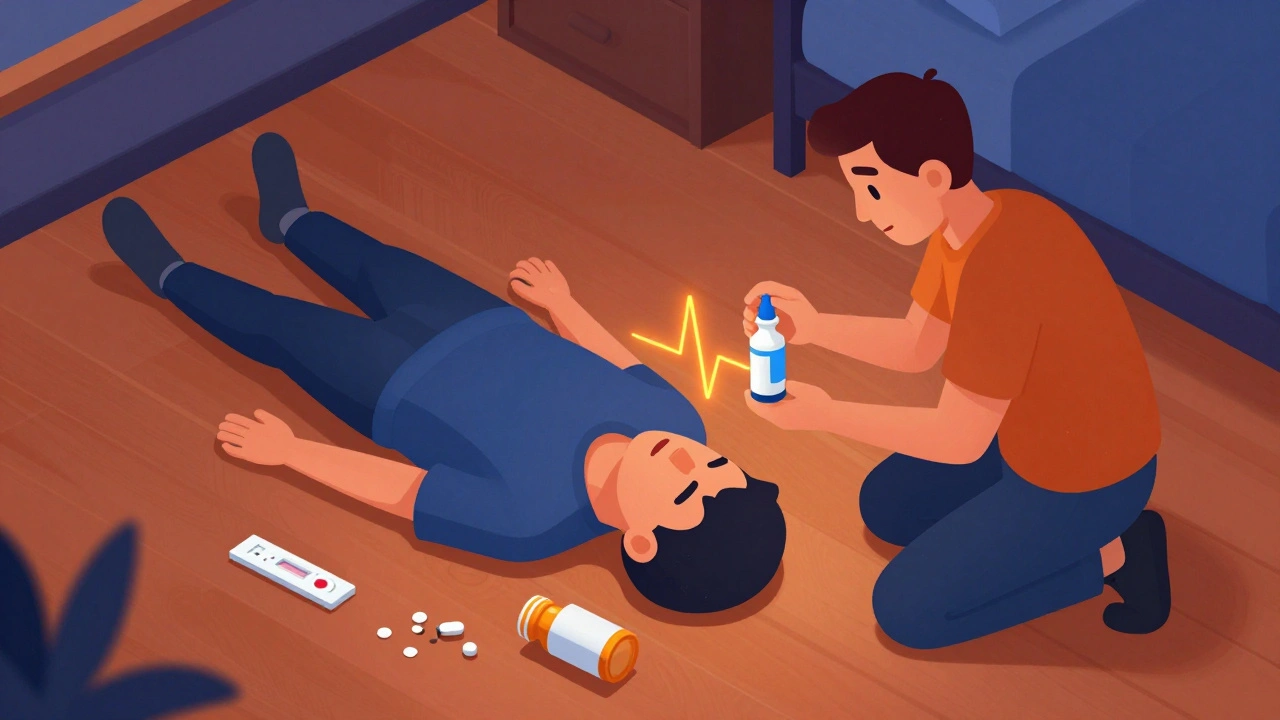 Someone administering naloxone to an unconscious person, with test strips and fake pills nearby in an isometric room.