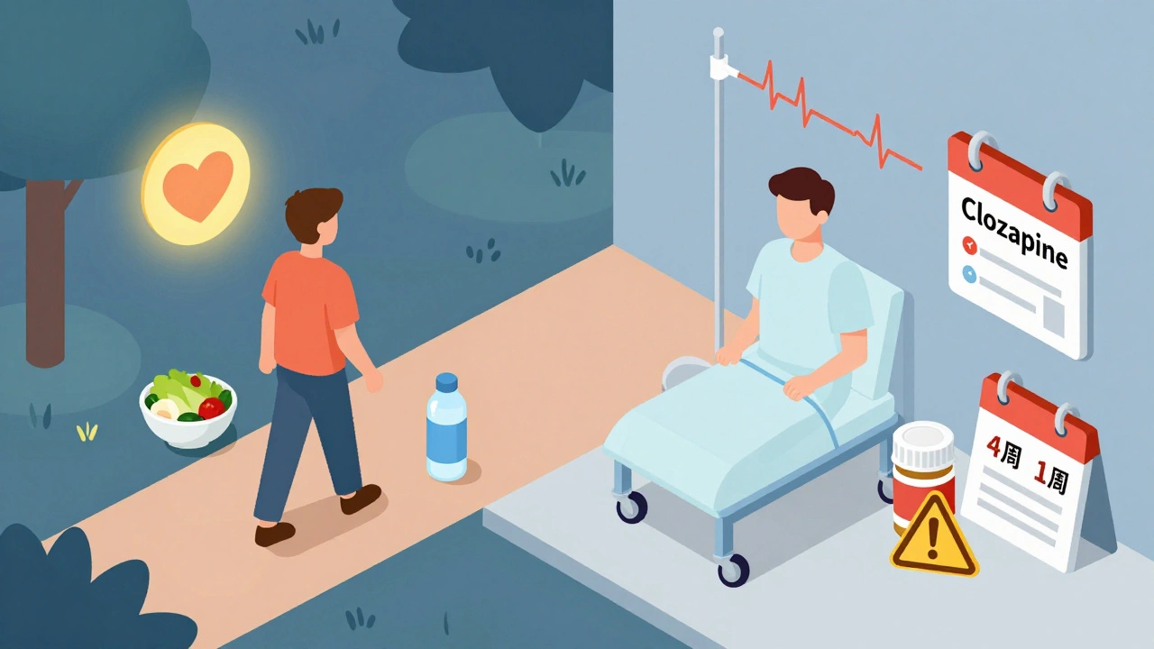 Split isometric scene comparing healthy lifestyle choices to dangerous medication side effects with checkup dates.