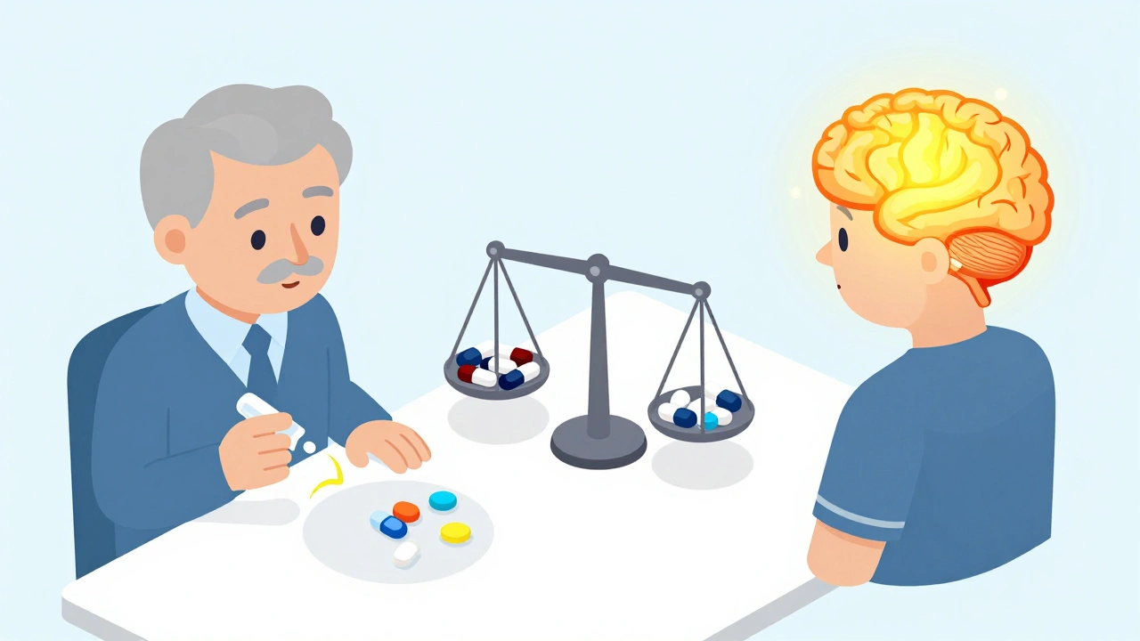Split scene: aging brain shrinking with old drug vs. healthy brain glowing with new alternative.