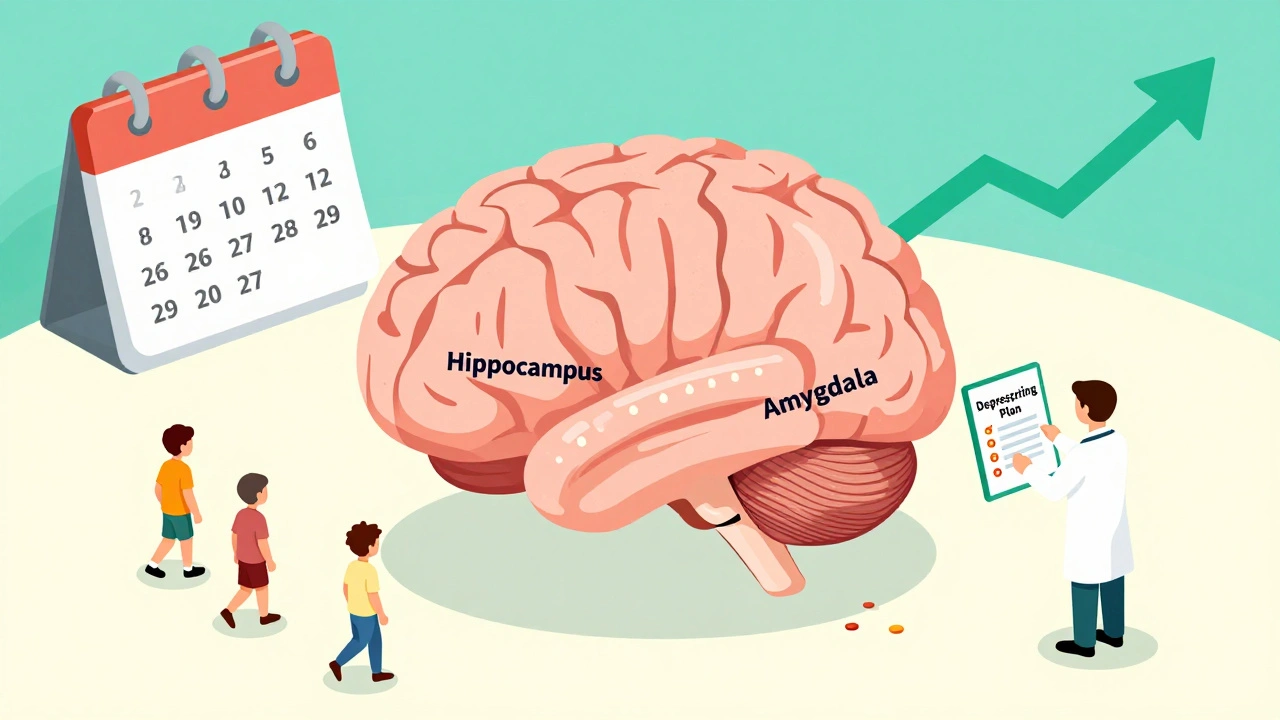 Stylized brain losing volume as medications walk away, doctor holds deprescribing checklist.