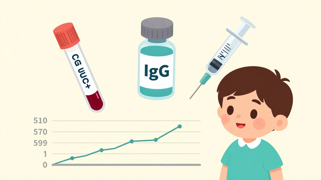 Three diagnostic tests for immunodeficiency with child showing skin signs and poor growth.