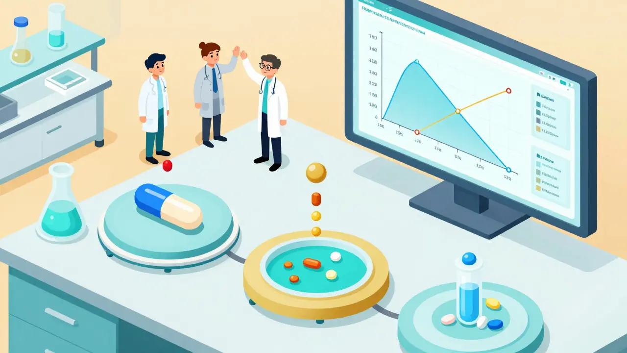 Three tablet formulations releasing drug in simulated gut fluid with correlation graph