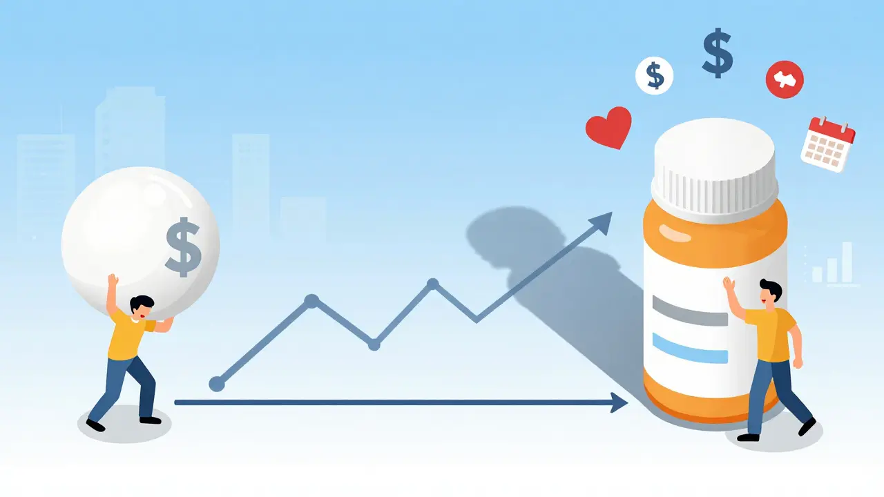 Timeline showing cost savings and improved health over 20 years with generic medication.