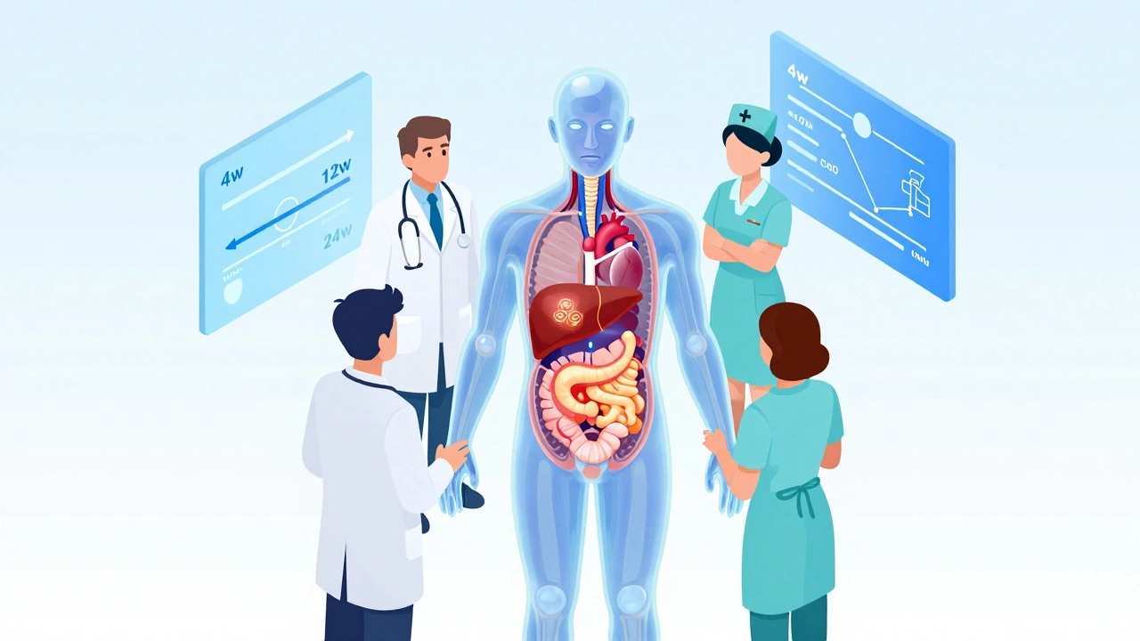 Transparent human torso with internal metabolic risks and monitoring timeline, viewed by a medical team in isometric style.
