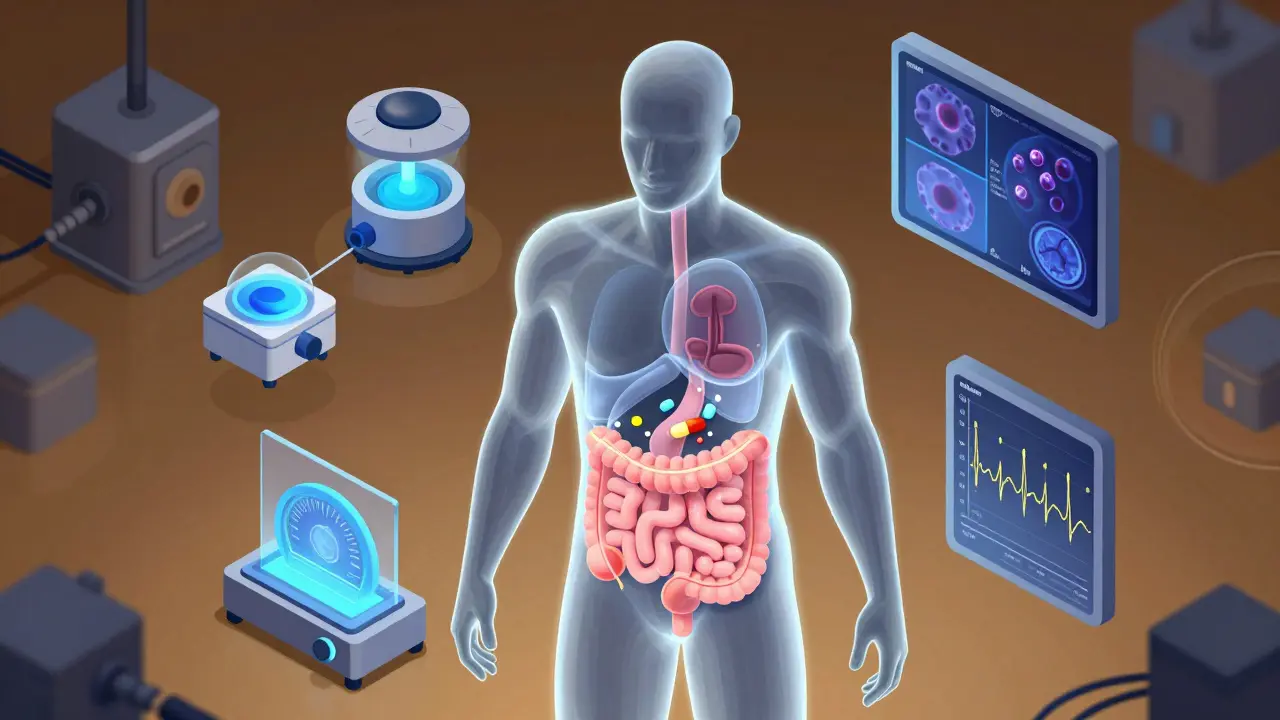 Virtual bioequivalence simulation showing drug movement in a digital human body with testing tools.