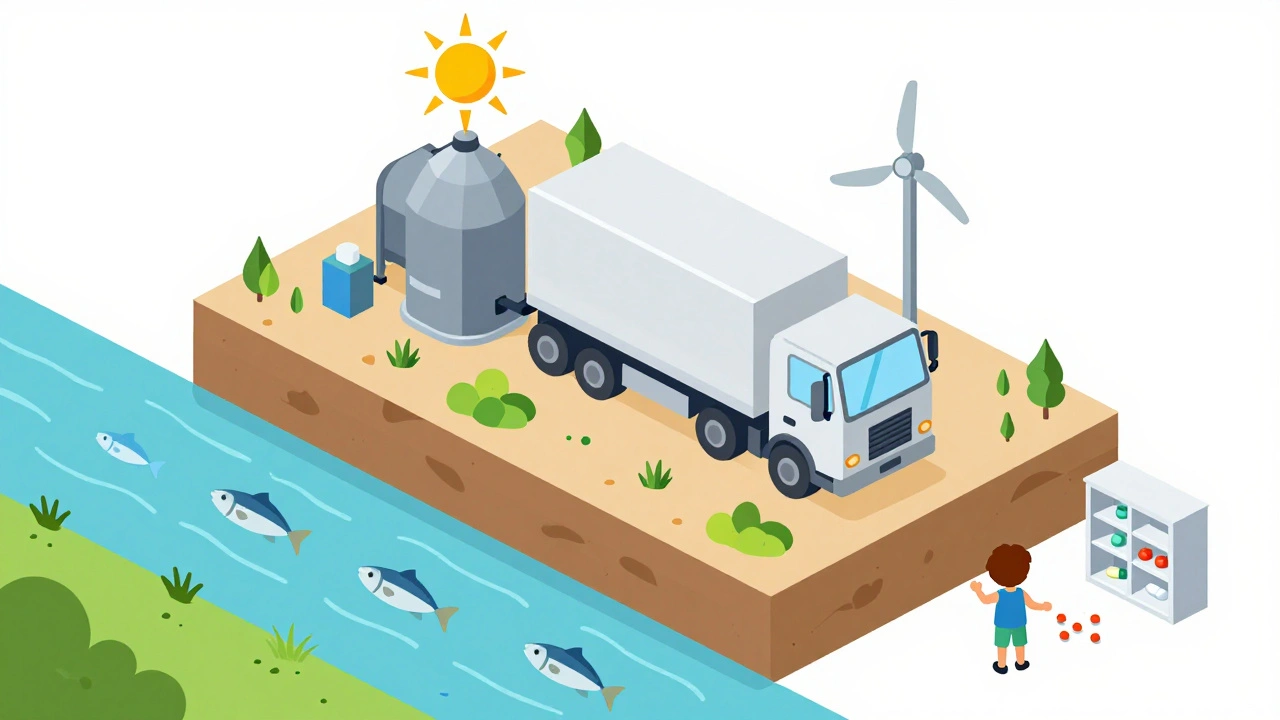 Waste truck transporting meds to incinerator while clean river and safe home are shown below.