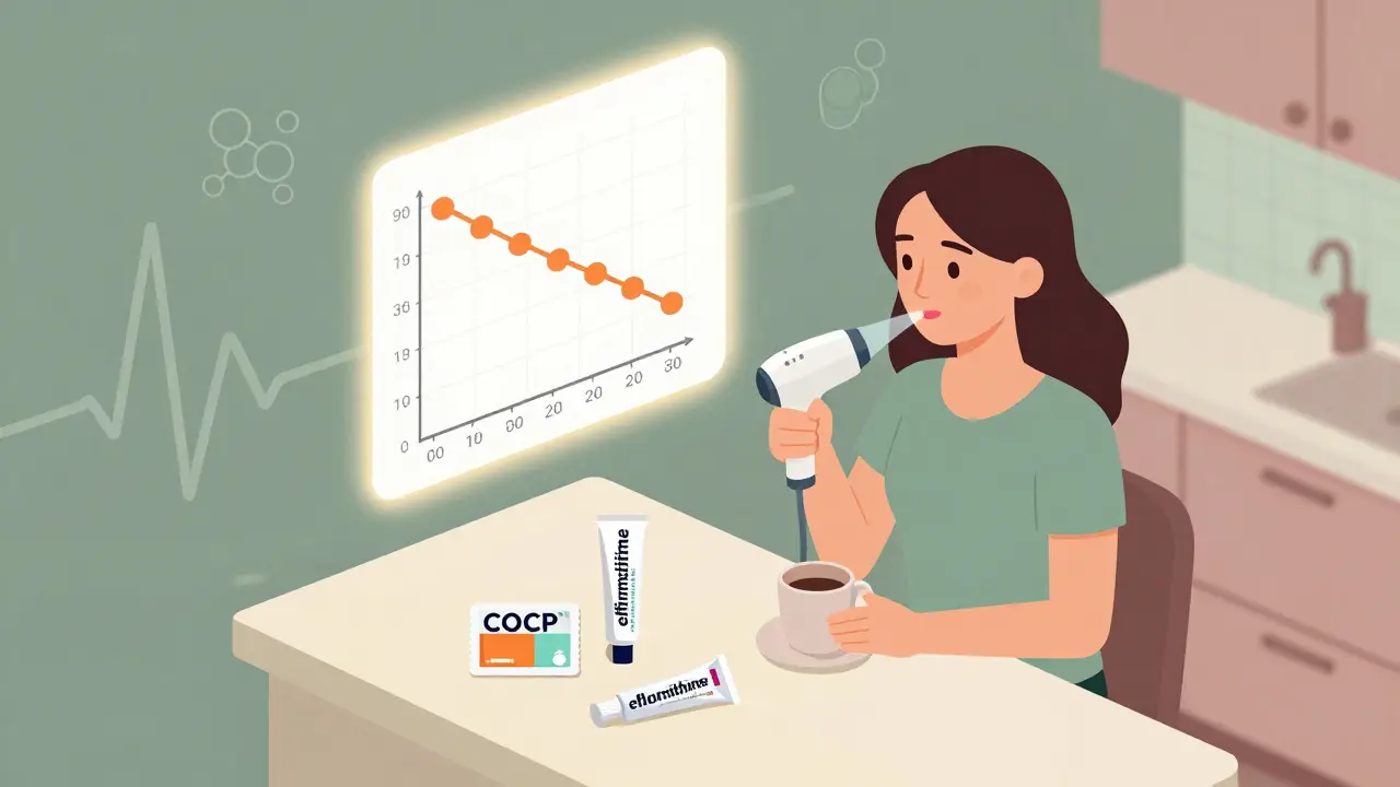 Woman at table with a graph showing hair reduction over time, surrounded by PCOS treatment tools.