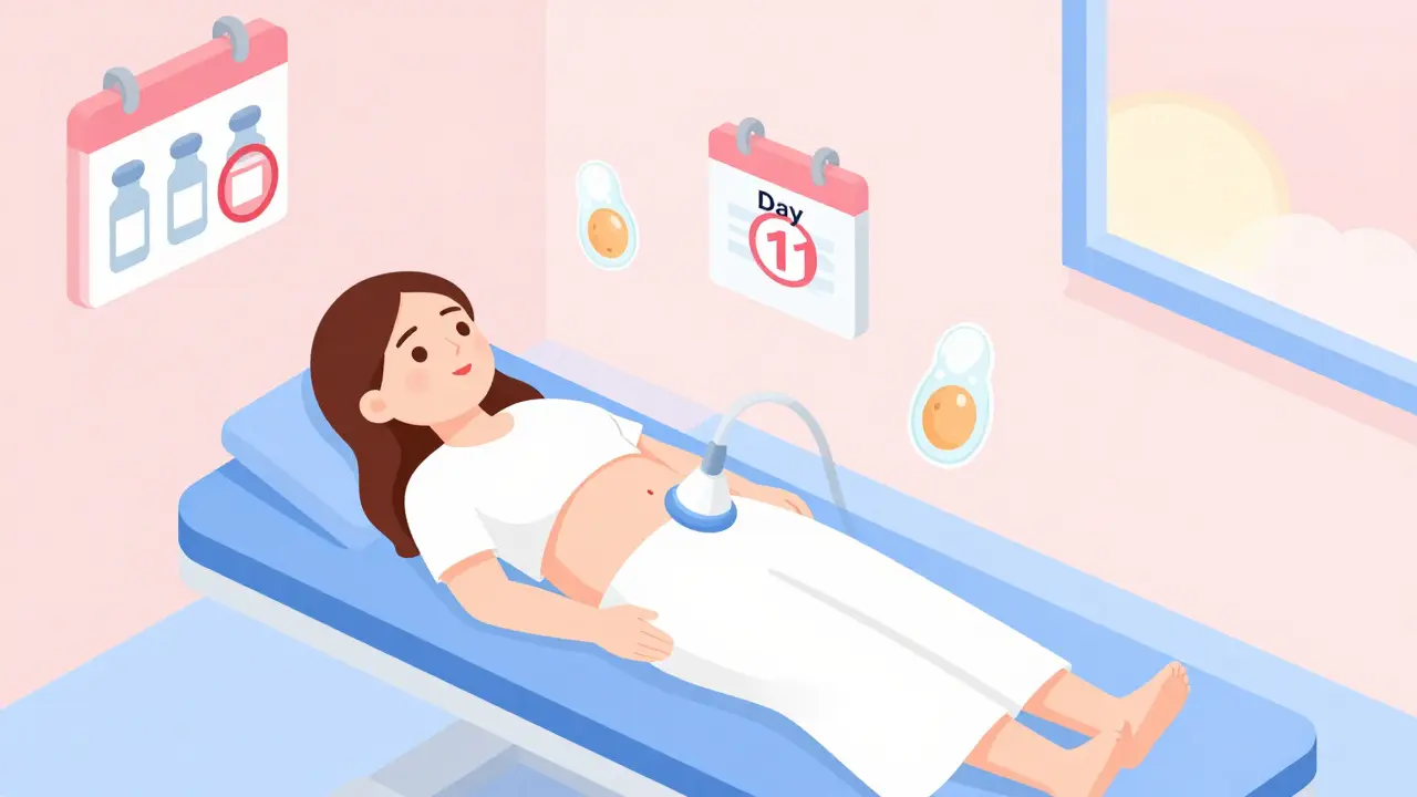 Woman undergoing egg freezing with hormone vials and vitrified eggs floating around her