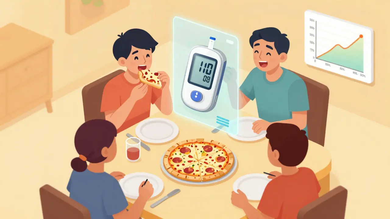 A family enjoys dinner while an automated insulin system adjusts silently, with a rising time-in-range graph in the background.
