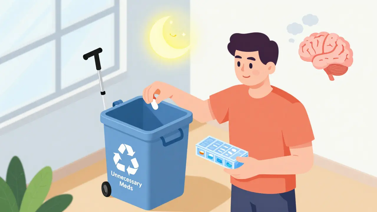 A person discarding unnecessary pills and holding a simplified pill organizer with health icons.