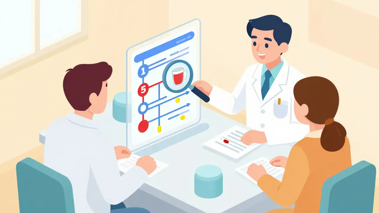 A pharmacist and patient reviewing a visual chart of drug interactions in a clinic setting.