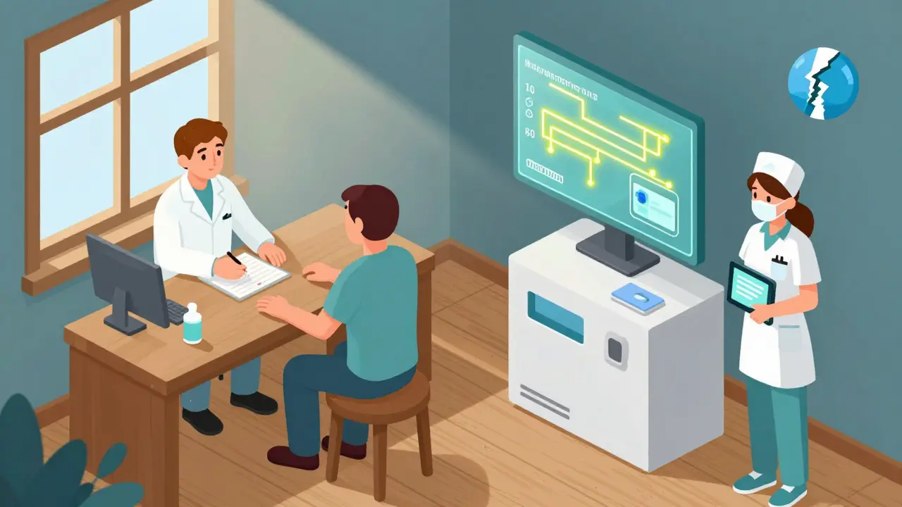 A rural patient receives medication from a telepharmacy kiosk while an AI flags drug interactions on a screen.