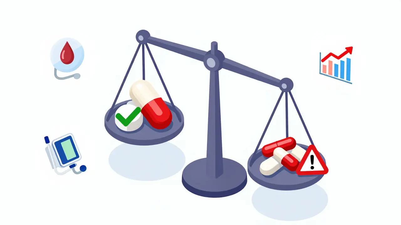 Balanced scale comparing pitavastatin's low diabetes risk to other statins with warning signs.