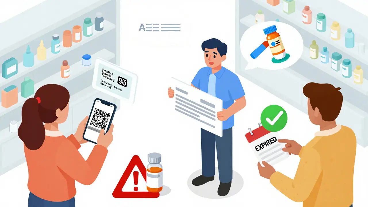 Diverse people in a pharmacy using QR codes, large-print labels, and translation services to understand medication instructions.