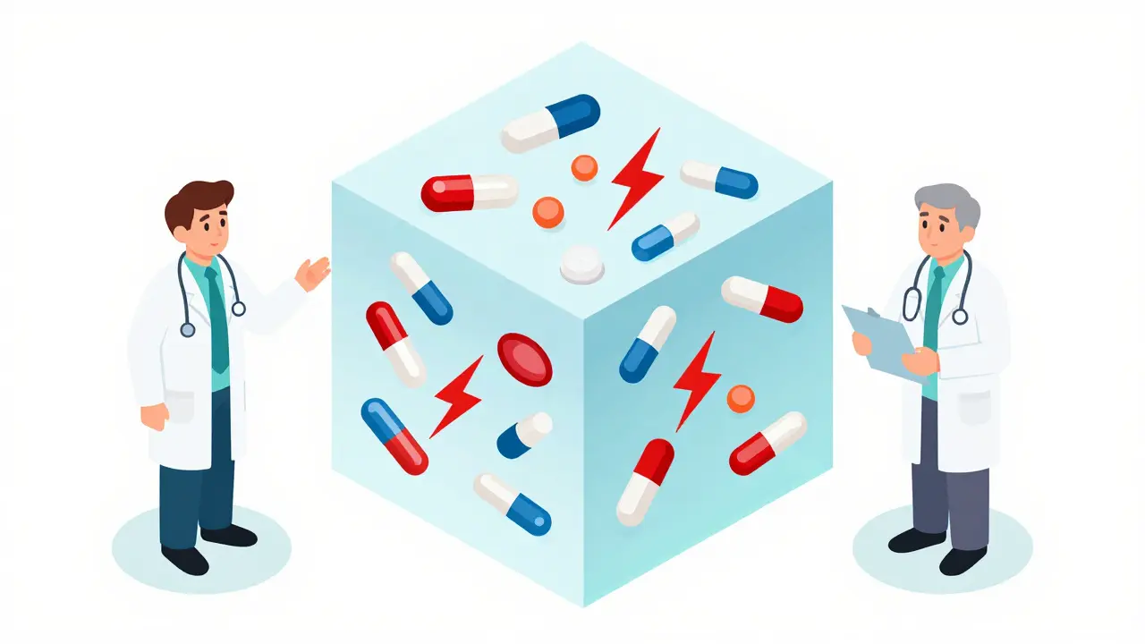 Doctor and pharmacist examining clashing medication symbols inside a transparent cube, senior outside with checklist.
