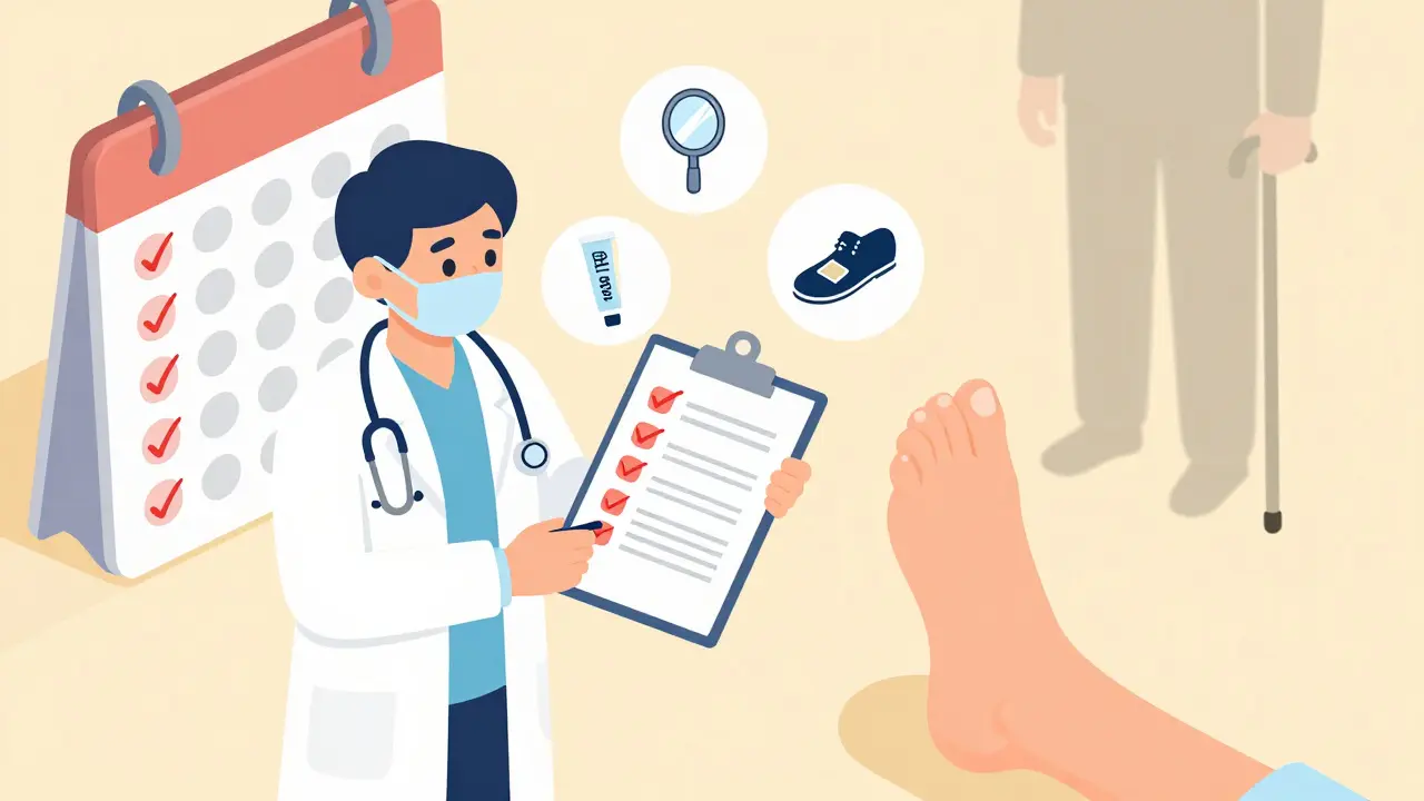 Doctor checking patient's foot with daily care icons and calendar of daily inspections.