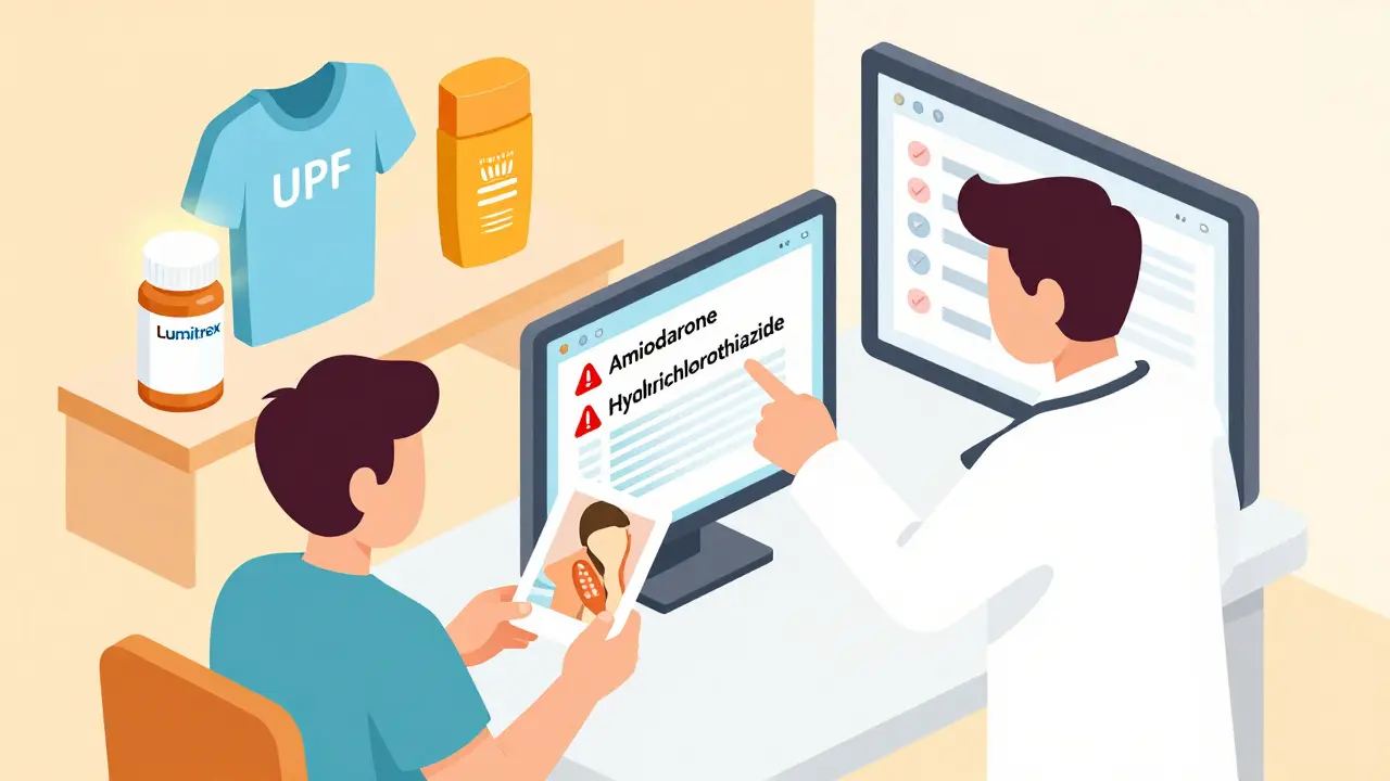 Doctor showing medication warnings on screen, patient holding photo of skin reaction, sun protection items nearby.