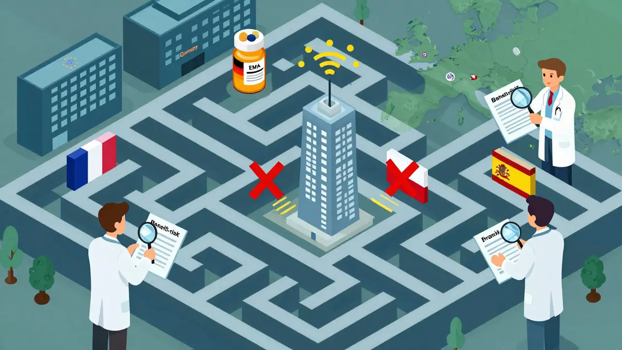 EU maze of countries with one approved pill blocked elsewhere, doctors holding clear risk reports.