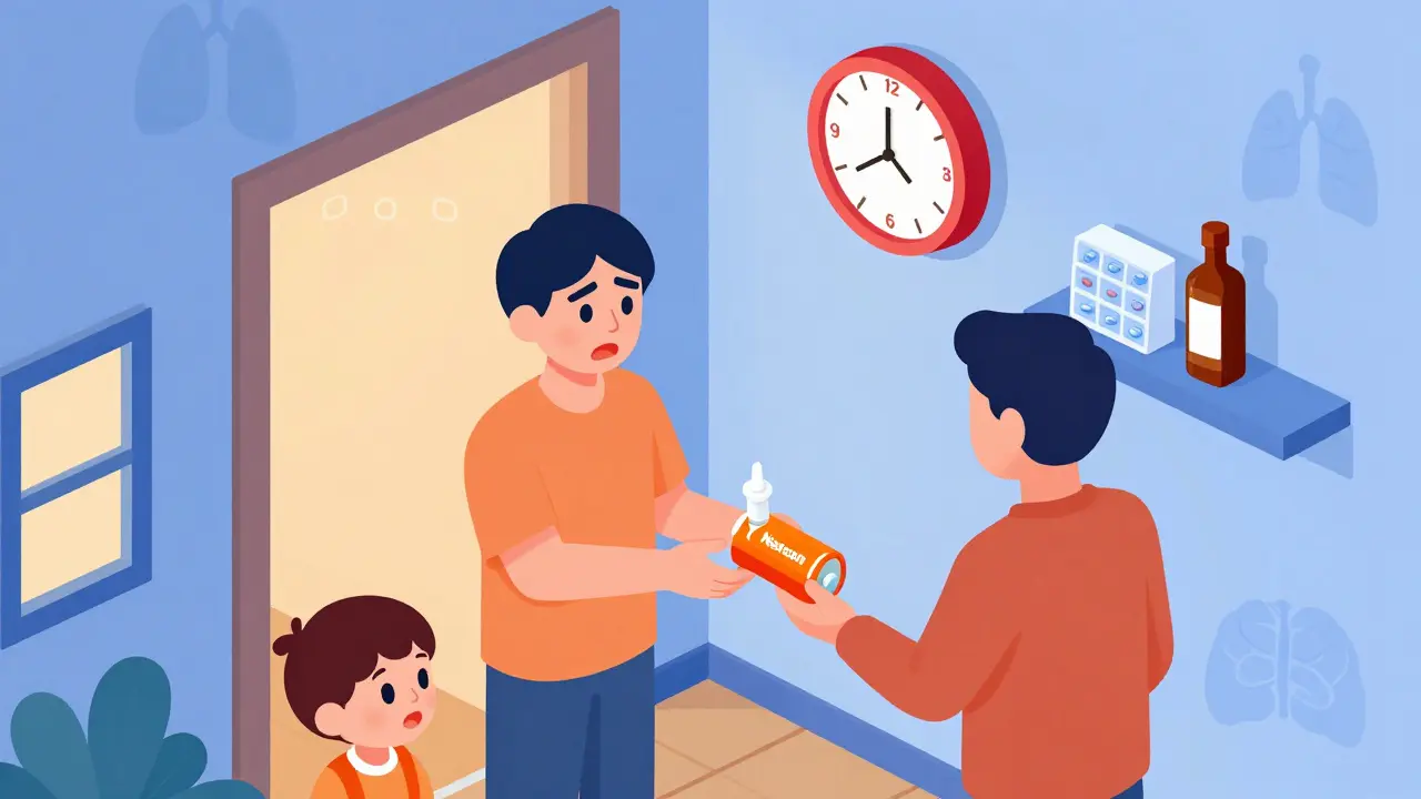 Family member handing a Narcan nasal spray kit at home, with pills and alcohol safely stored away.