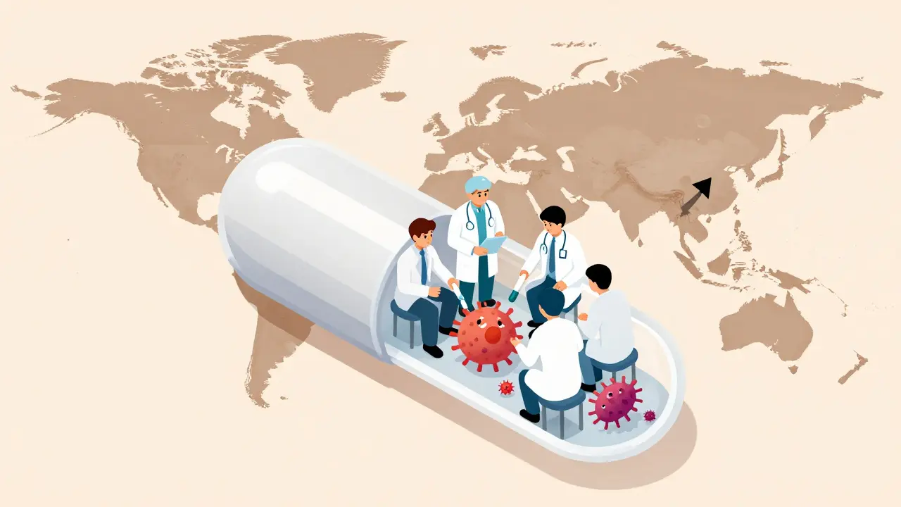 Four miniature doctors inside a pill treat TB bacteria, with a world map showing improved adherence.