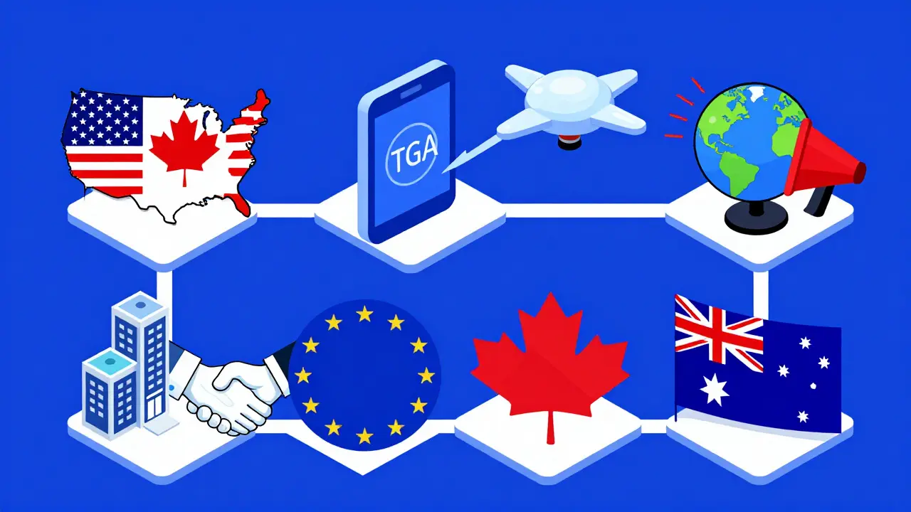 Four nations with different drug approval paths, Canada bridging U.S. and EU, Australia using digital tech.