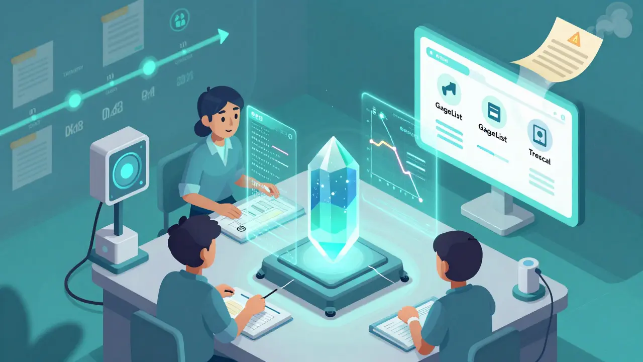 Futuristic lab with AI sensors and quantum calibration standards, transitioning from paper to digital records.