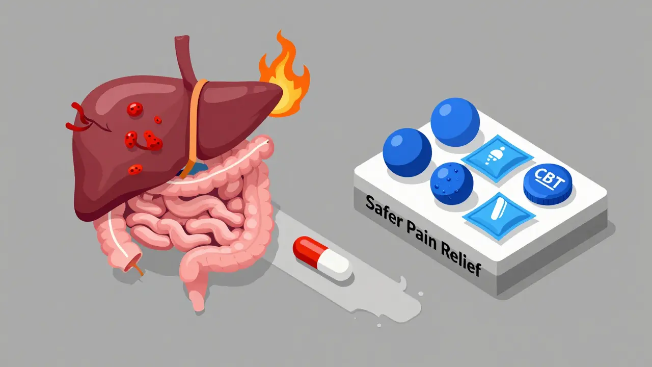 Gut-liver axis diagram showing toxin leakage causing inflammation, with opioids and safer pain options contrasted.
