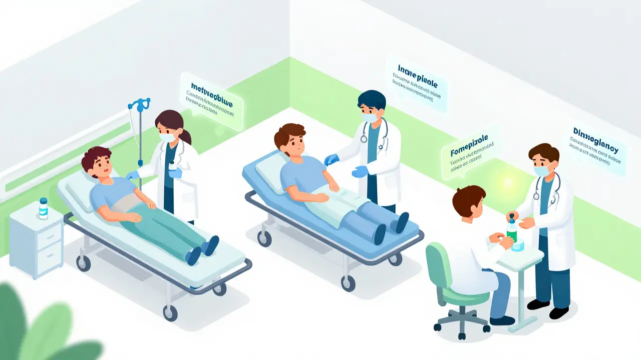 Hospital emergency scene showing three overdose treatments with glowing antidote vials and medical staff.
