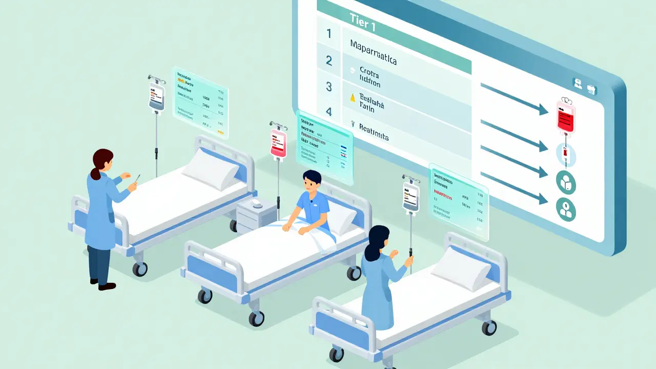 ICU nurses administering IV generics with real-time patient monitoring data floating above beds.