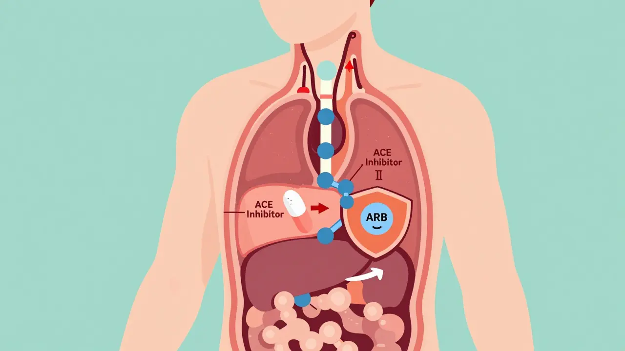 Internal view of RAAS system with ACE inhibitor and ARB pills blocking angiotensin II pathways.