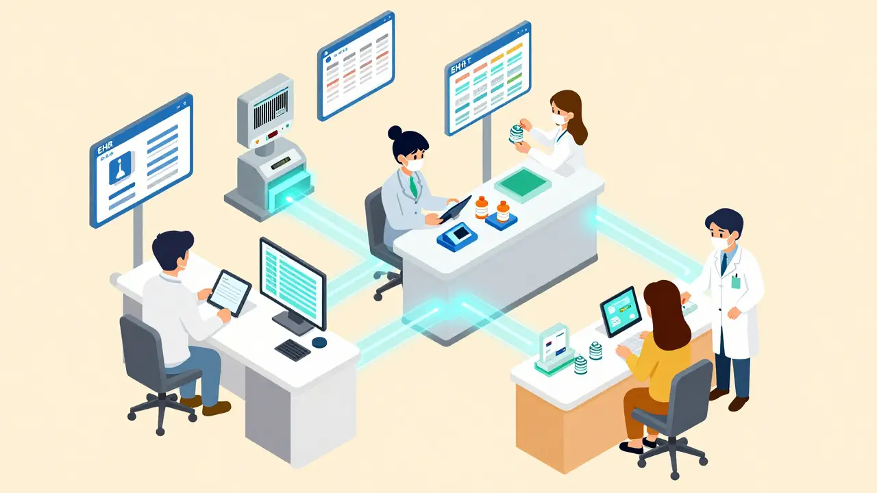 Isometric pharmacy scene showing staff using scanners and tablets with digital data flows connecting workflow stations.
