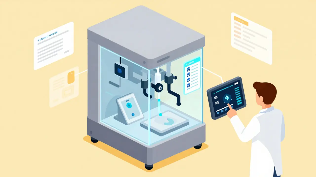 Isometric view of a drug-filling system with validation icons and real-time drift alerts displayed on a dashboard.