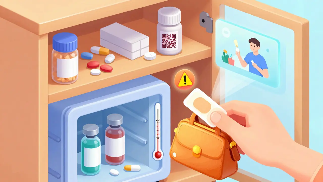 Isometric view of a medicine cabinet showing proper and improper medication storage with a melted patch and fridge-stored insulin.