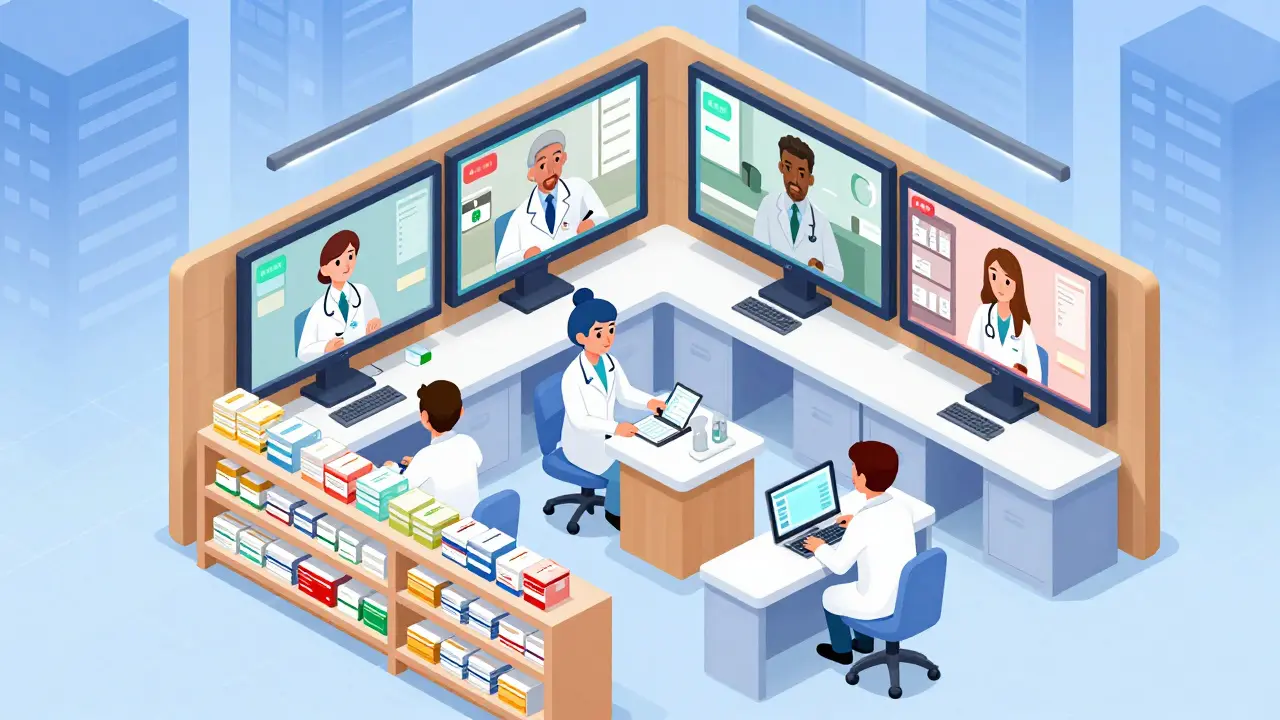 Isometric view of a telepharmacy hub where pharmacists monitor multiple remote consultations on digital screens.